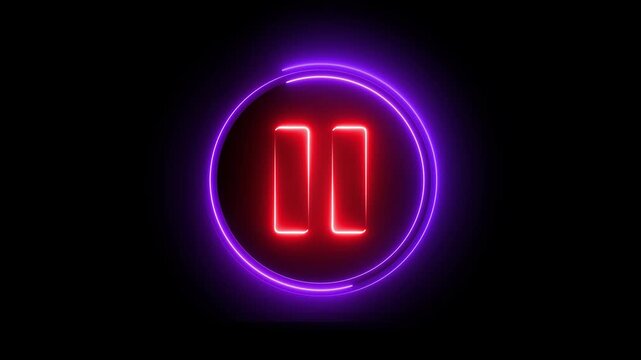 Glowing neon red and purple color media player pause buttons sign icon animation audio video song stop circle control push press click play on black background