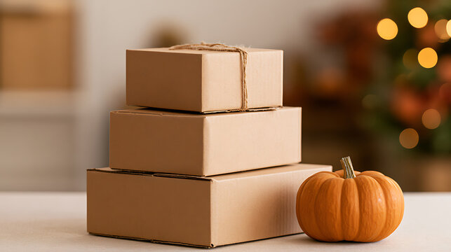 A stack of simple cardboard parcels with twine and a small orange pumpkin beside them on a table in a cozy room with warm lights
