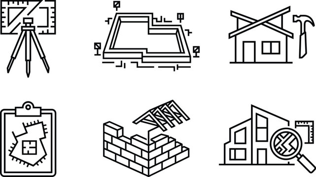 Architectural icon set illustrating drafting board, floor plan layout, home construction, project management clipboard, brick wall framing, and modern building inspection