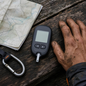 Diabetes management during outdoor adventure glucose meter map carabiner dirty hand