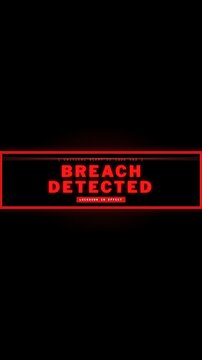 Vertical cybersecurity alert animation with glowing red breach detected text on black background.