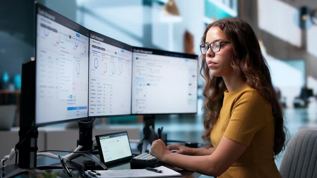 Quality Manager Reviews Compliance Data On Touchscreen Monitor