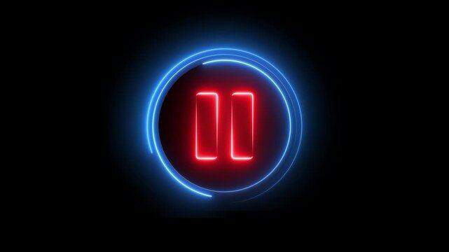 Glowing neon red and blue color media player pause buttons sign icon animation audio video song stop circle control push press click play on black background