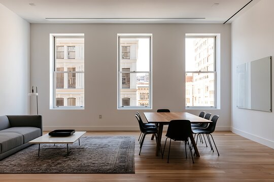 Modern minimalist office interior with a grey sofa, wooden dining table, and large windows overlooking city buildings