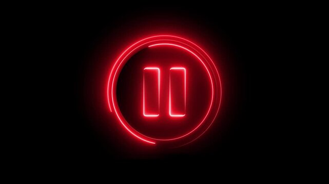 Glowing neon red color media player pause buttons sign icon animation audio video song stop circle control push press click play on black background
