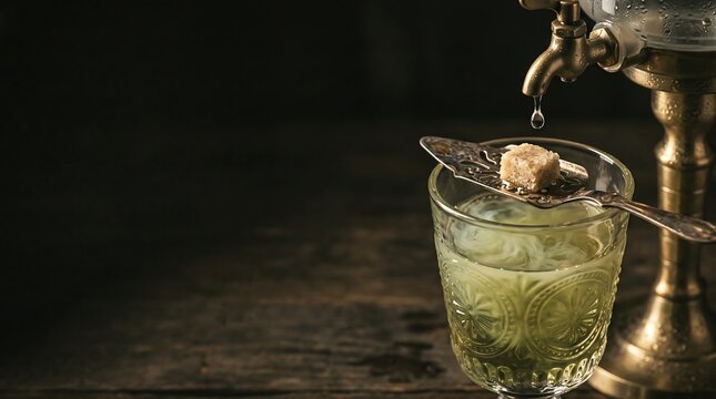 Absinthe preparation with a sugar cube on a slotted spoon over a glass with water dripping from a fountain