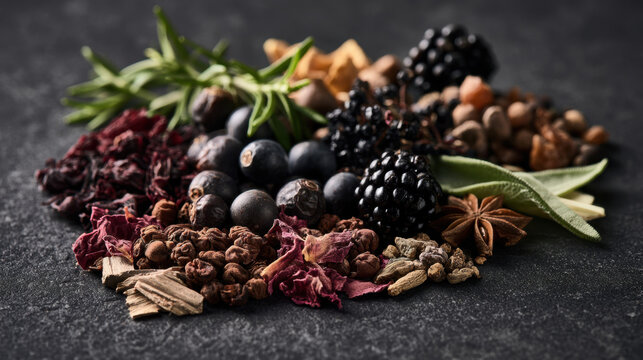 Premium dark botanical still life with blackberries, juniper berries, dried red petals, aromatic herbs, roots and star anise arranged on textured black stone