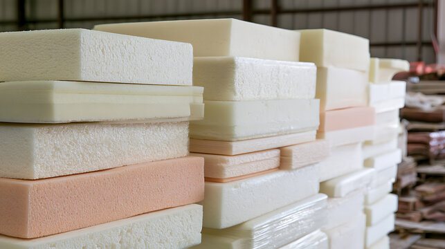 Industrial warehouse interior with large stacks of white and beige polyurethane foam blocks stored in a manufacturing facility for furniture