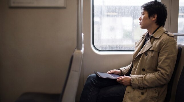 Man wearing a trench coat holding a tablet and looking out the window inside a passenger train