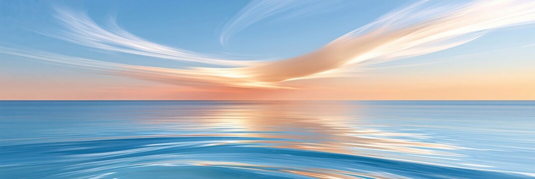 Abstract ocean horizon with drifting clouds and warm sunset glow