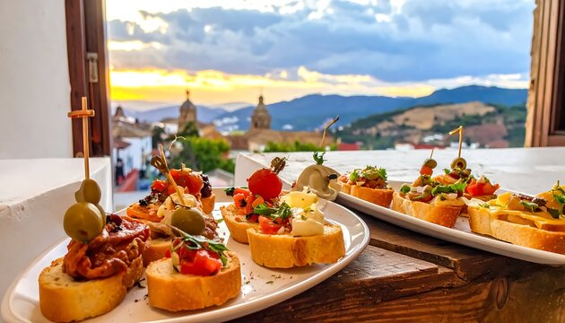 Delicious tapas on a plate outdoors.