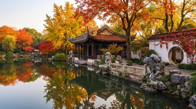 Beautiful traditional Chinese garden pavilion and moon gate reflecting in a calm lake surrounded by vibrant red and yellow autumn trees. Peaceful Asian landscape and travel destination concept