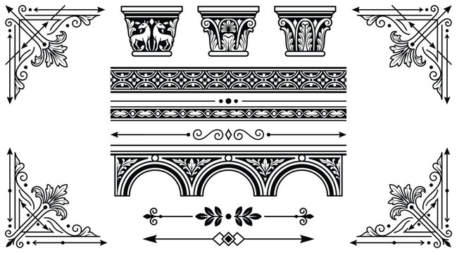 Ancient Greek architectural ornaments and decorative border dividers set in black ink for classic design work.