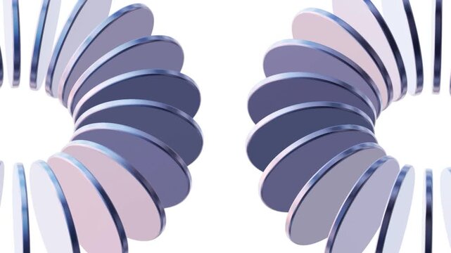 Metallic 3D render Dual Rotating Curved Glass Arcs Seamless Loop Video, Abstract Floating Discs Wave Motion Graphics, Minimalist Chrome Axis Spin &ndash; Side-by-side pair of glossy metallic curved plate