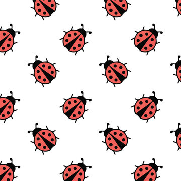Seamless Ladybug Pattern, Cute Red Beetle Insect Illustration on White Background