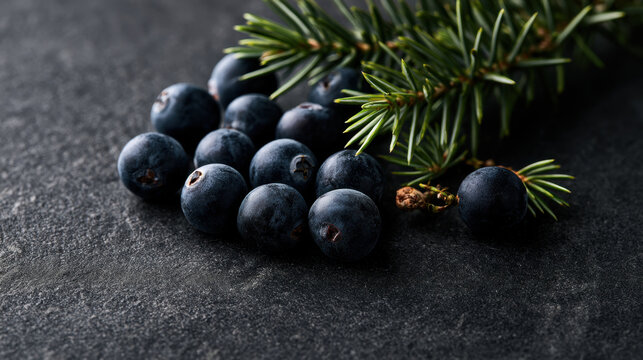Fresh juniper berries with evergreen branches arranged on a dark textured stone surface with natural botanical styling