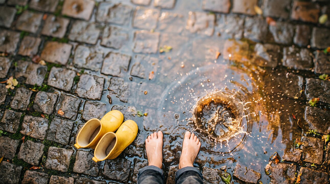 Child splashing in rain puddle beside yellow sandal on wet cobblestone pavement, joyful outdoor play after rainfall