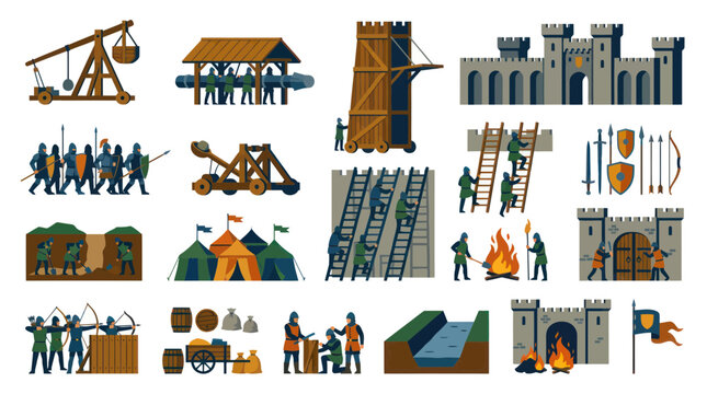 Medieval Siege Warfare Flat Vector Illustration Set with Castle Attack, Defense Equipment and Soldiers