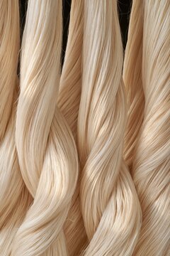 Close up of braided blonde hair strands with soft texture and warm lighting