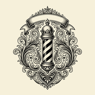 Vintage barber pole vector with ornate scrollwork and flourish details