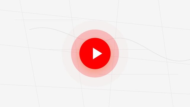 Abstract motion graphic with red circular play button icon and thin white lines on light background