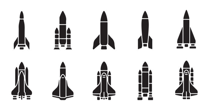 Multiple black icons of rockets and space shuttles for space program and design.