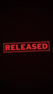 Vertical motion graphic animation of a red released stamp revealing on a dark background.