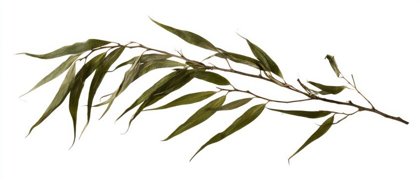 Pressed delicate weeping willow leaves and thin branches, isolated on pure white background
