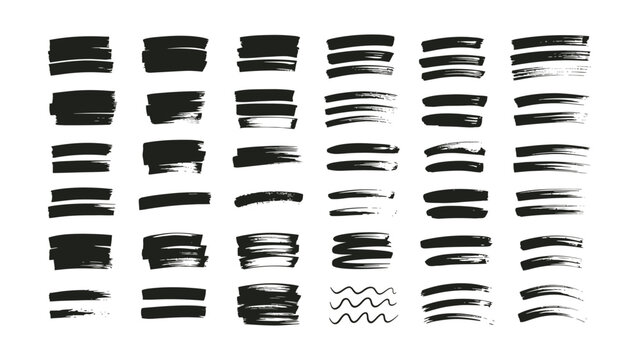 Collection of various black brush stroke styles and textures with different thicknesses and effects on transparent background