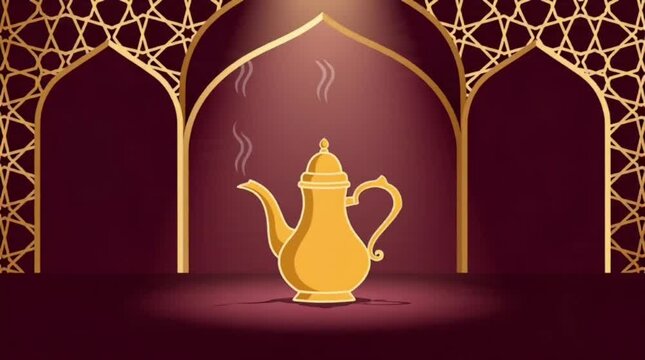 Golden Arabic coffee pot, Dallah, emitting steam against a dark red background with traditional archways and geometric patterns for Ramadan
