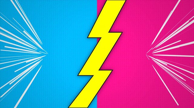 Comic style versus screen with yellow lightning on split blue and pink halftone background, ideal for gaming videos, vs battles and match intros.