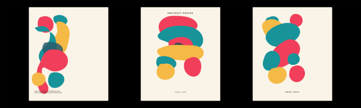 Three abstract posters featuring colorful organic shapes arranged in vertical compositions with minimalist typography accents