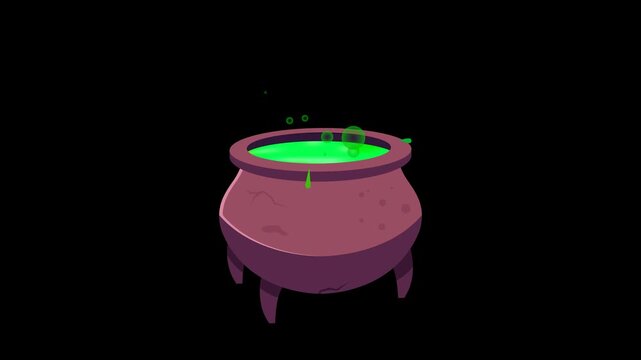 Halloween Witch Cauldron with Bubbling Green Potion on black background