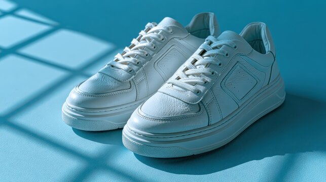 Classic White Sneakers: A clean, minimalist shot of a pair of pristine white sneakers, casting soft shadows on a serene blue background. Perfect for showcasing fashion, footwear.