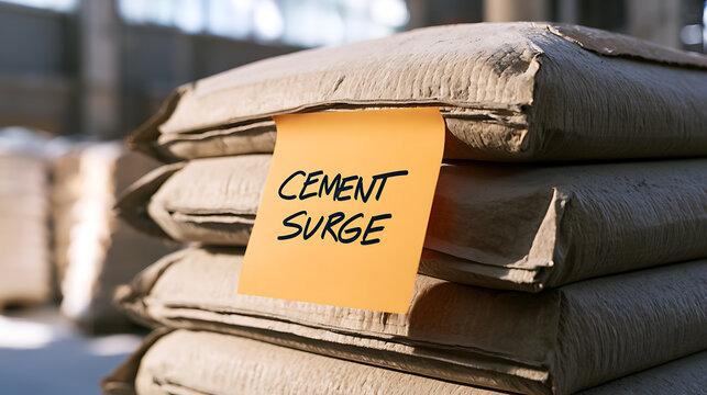 A stack of heavy paper sacks in a warehouse setting features a vibrant orange sticky note with handwritten text highlighting industrial price