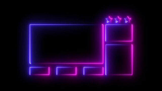 Neon glowing ui interface template with frames and stars on dark background for digital dashboard or gaming stream overlay design element with bright pink and blue electric light lines