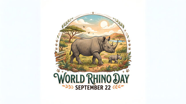 An adult grey rhino and its small calf stand on a grassy savanna framed by a leafy border, under the dark green title "WORLD RHINO DAY &mdash; SEPTEMBER 22."