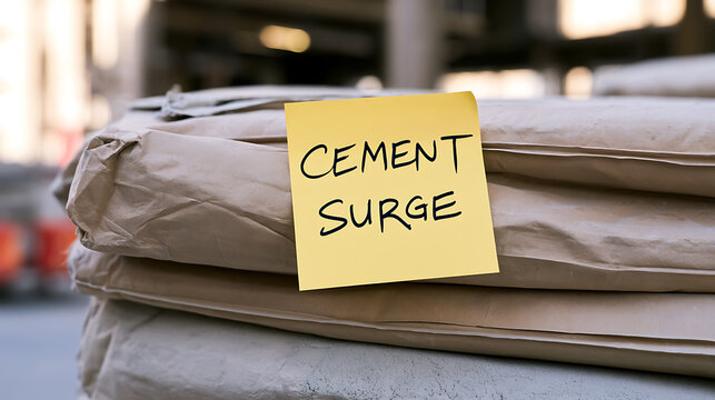 A stack of construction bags with a yellow sticky note displaying the text cement surge on a construction site background with blurred focus