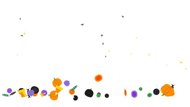 Cheerful Halloween candies gently fall from above and softly bounce along the bottom of the frame in a playful seasonal motion graphic.