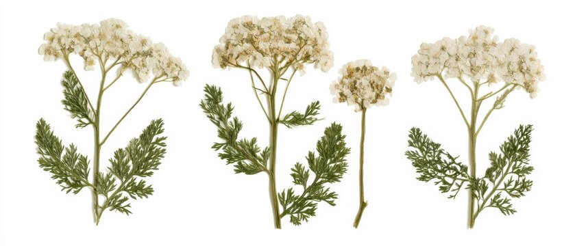 Pressed delicate white yarrow flowers and feathery leaves, isolated on pure white background