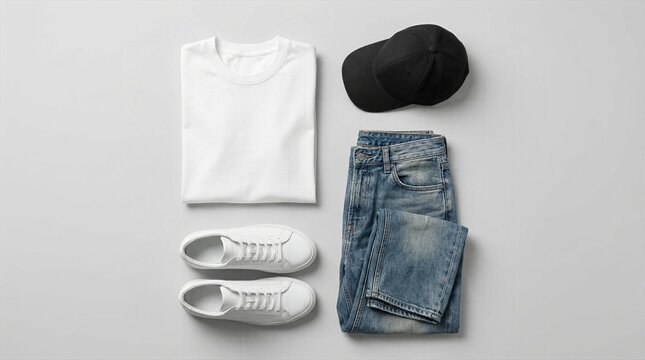 Flat lay composition of casual men fashion featuring blank white tshirt blue denim jeans white sneakers and black cap on light grey background.