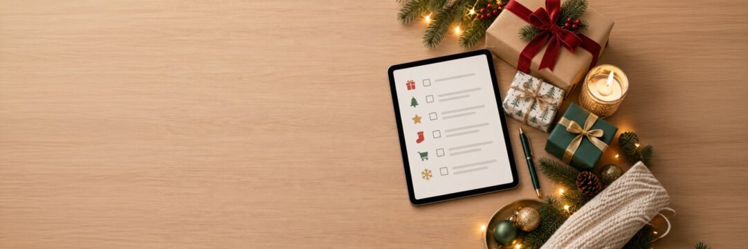 Tablet with holiday gift checklist and Christmas presents, planning concept for seasonal e-commerce advertising