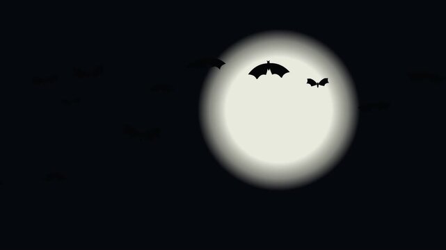 A group of generic bat silhouettes flies slowly across a glowing full moon against a dark night sky, creating a simple cinematic Halloween atmosphere.