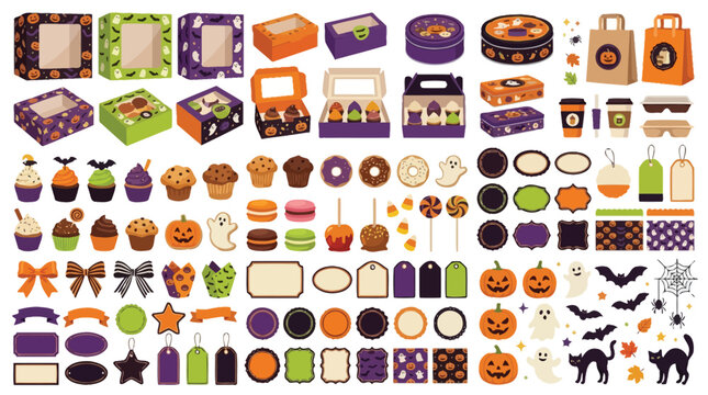 Halloween bakery packaging and dessert collection, spooky treat boxes and sweets vector set, festive food branding elements
