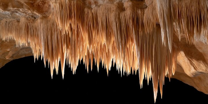 Dense clusters of cave formations with warm orange tones and sharp stalactites against black void
