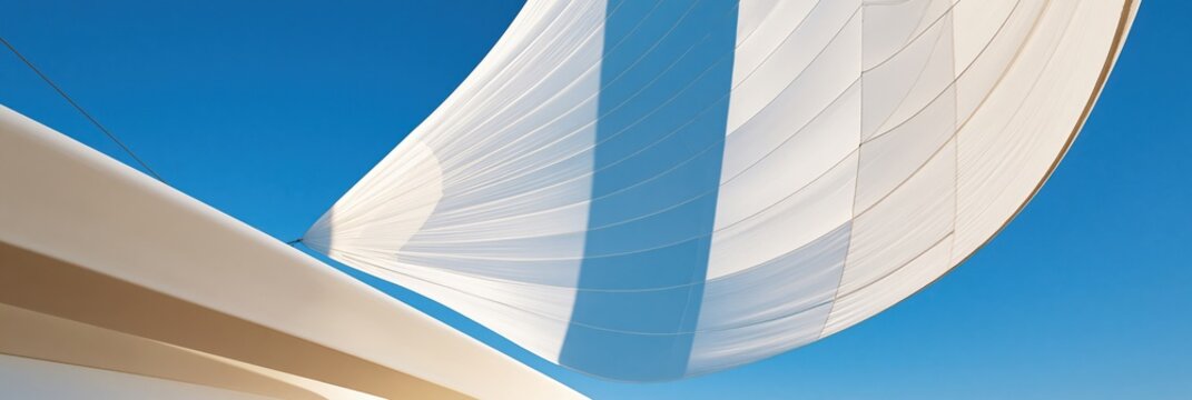 Taut white sail filled with wind against clear blue sky, smooth fabric curves