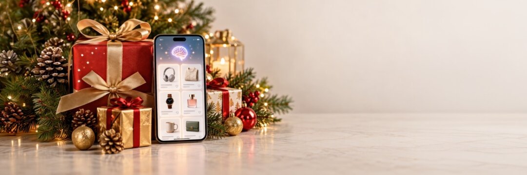Smartphone with Christmas gift shopping app beside presents, e-commerce concept for holiday advertising