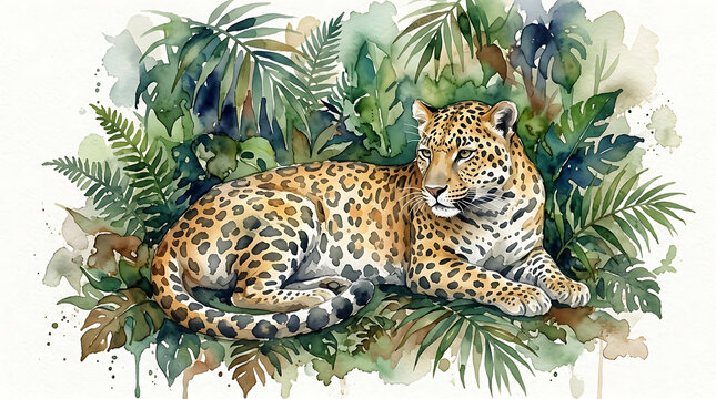 Watercolor leopard resting in lush tropical jungle foliage