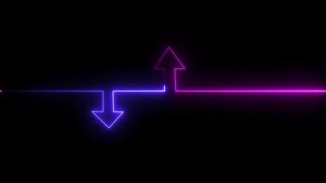 Neon glowing purple and pink arrows pointing up and down on a black background