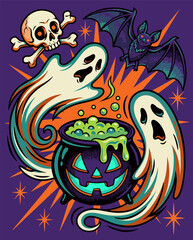 Obraz premium Halloween ghosts flying around bubbling witch cauldron with bat skull crossbones green potion and spooky purple background
